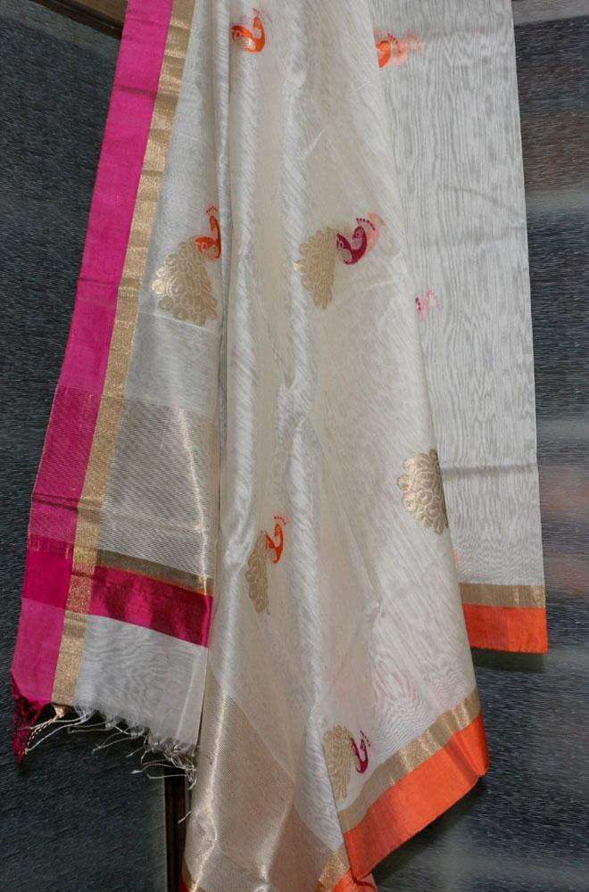 Off White Handloom Chanderi Cotton Silk Resham Zari Border Meenakari Dupatta - Luxurion World