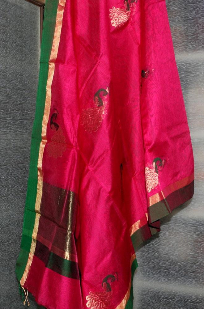 Pink Handloom Chanderi Cotton Silk Resham Zari Border Meenakari Dupatta - Luxurion World