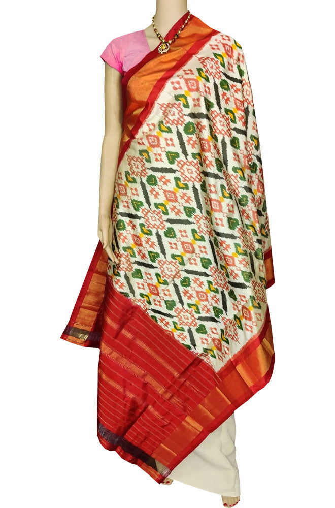 Off White Handloom Ikat Pure Silk Dupatta - Luxurion World