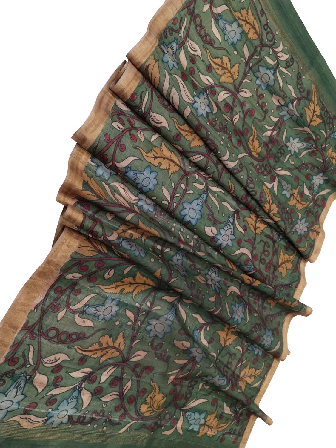 Green Kalamkari Hand Painted Pure Tussar Silk Artistic Design Dupatta - Luxurion World
