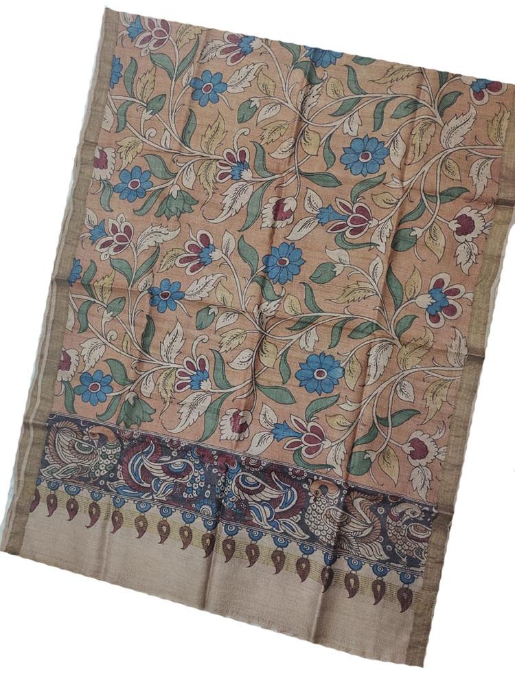 Pastel Pen Kalamkari Tussar Silk Flower Design Dupatta - Luxurion World