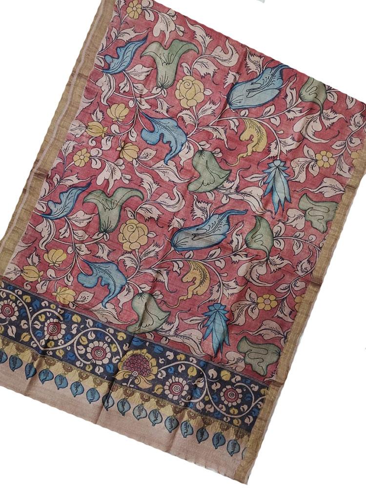 Red Pen Kalamkari Tussar Silk Flower Design Dupatta - Luxurion World