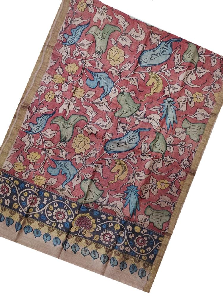 Red Pen Kalamkari Tussar Silk Flower Design Dupatta - Luxurion World