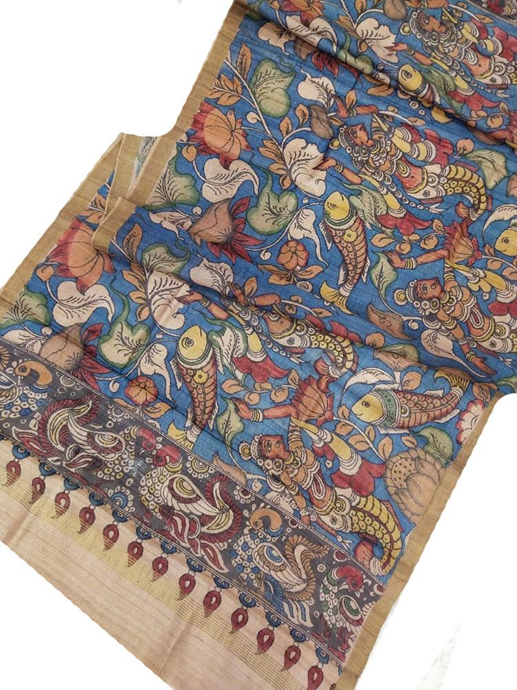 Blue Pen Kalamkari Tussar Silk Fish Design Dupatta - Luxurion World