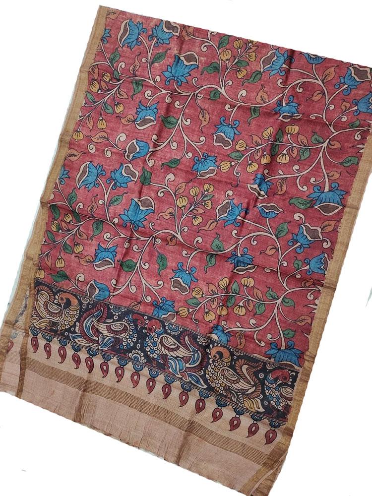 Red Pen Kalamkari Tussar Silk Flower Design Dupatta - Luxurion World