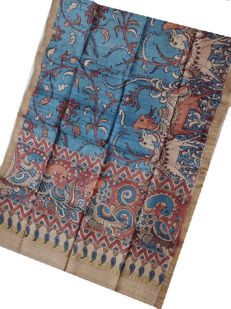 Blue Pen Kalamkari Tussar Silk Animal Design Dupatta - Luxurion World