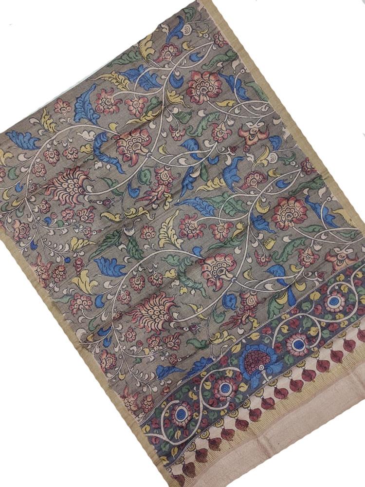 Grey Pen Kalamkari Tussar Silk Flower Design Dupatta - Luxurion World