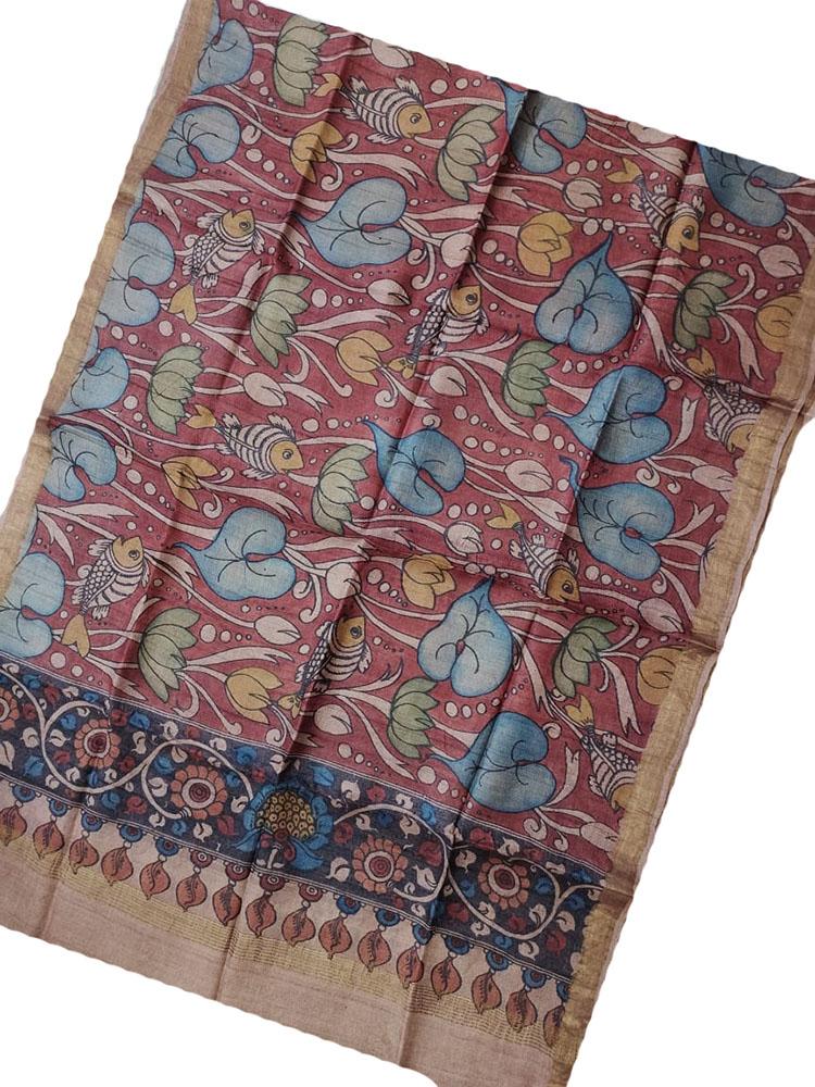 Red Pen Kalamkari Tussar Silk Fish Design Dupatta - Luxurion World