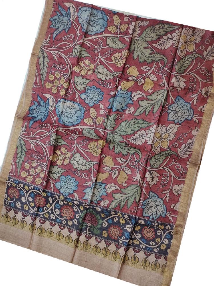 Red Pen Kalamkari Tussar Silk Flower Design Dupatta - Luxurion World