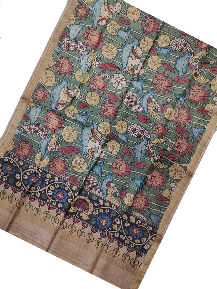 Green Pen Kalamkari Tussar Silk Animal Design Dupatta - Luxurion World
