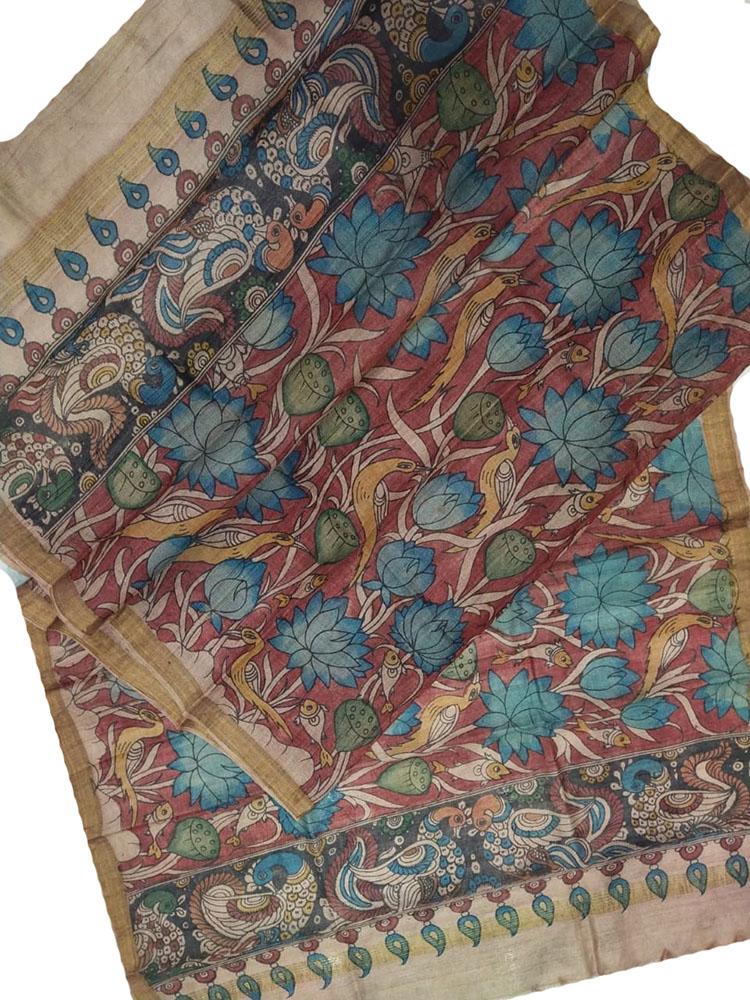 Red Pen Kalamkari Tussar Silk Fish Design Dupatta - Luxurion World