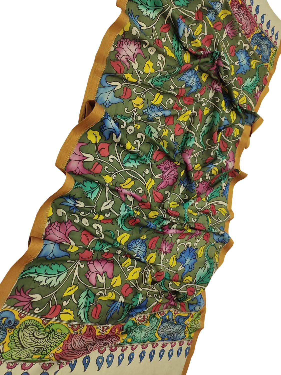 Green Kalamkari Hand Painted Bangalore Silk Dupatta - Luxurion World