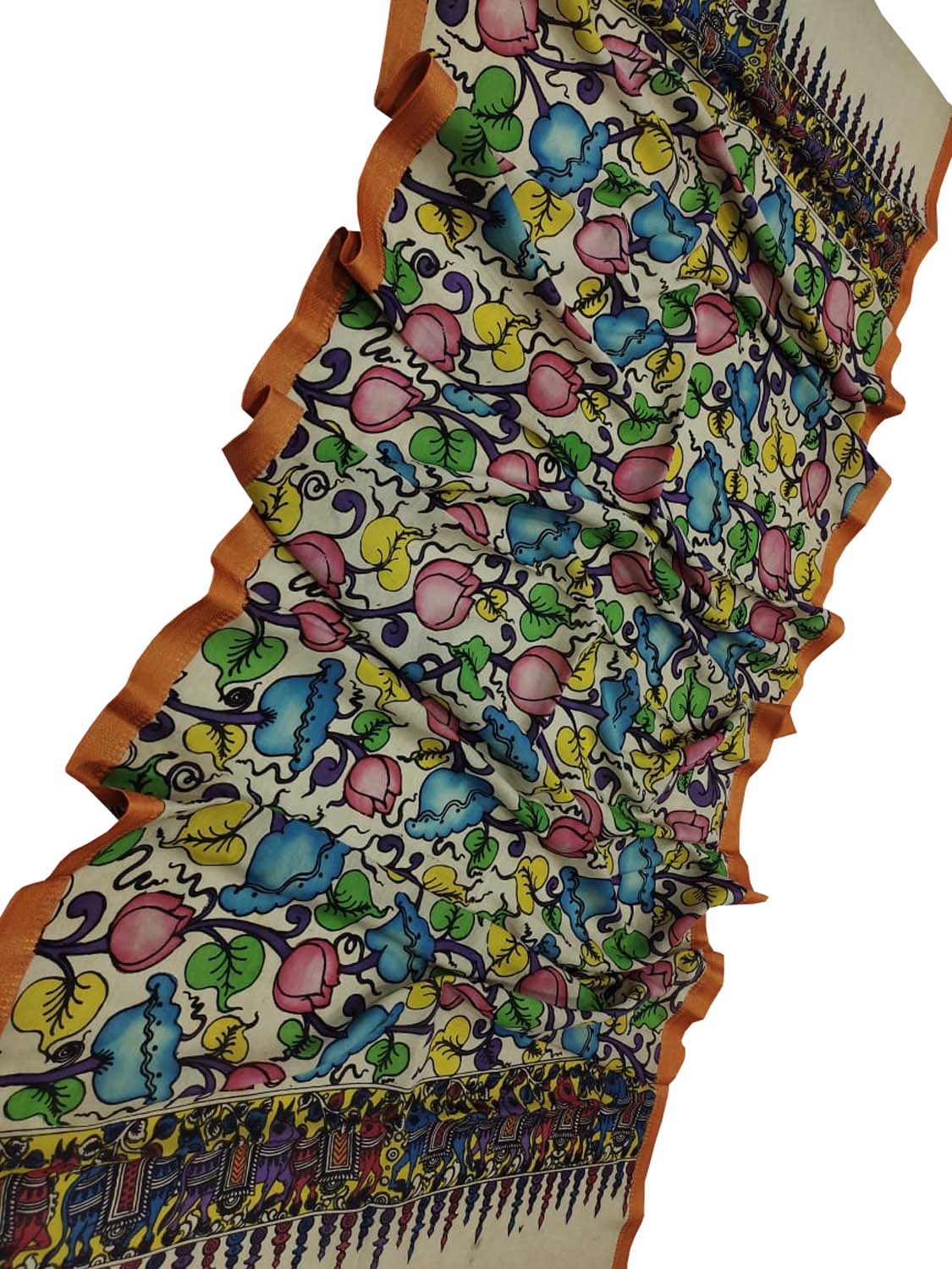 Multicolor Kalamkari Hand Painted Bangalore Silk Dupatta - Luxurion World