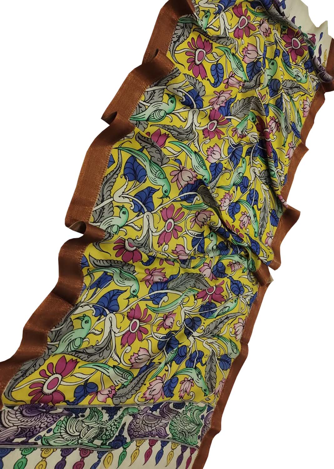 Multicolor Kalamkari Hand Painted Bangalore Silk Dupatta - Luxurion World