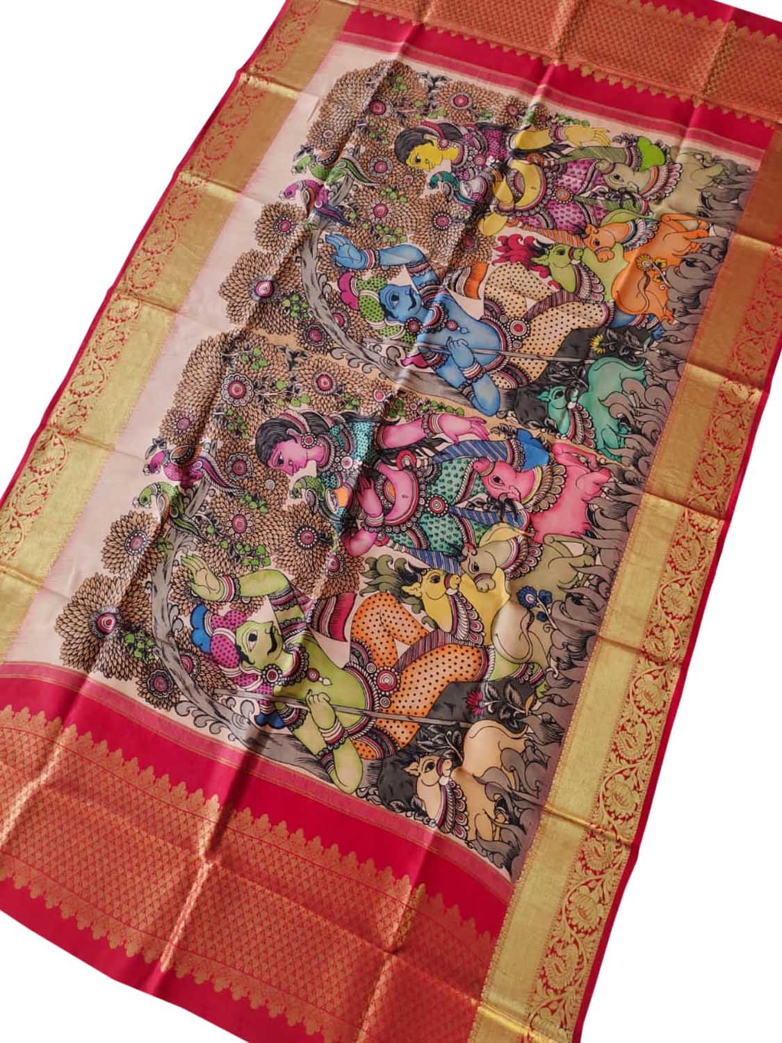 Multicolor Pen Kalamkari Pure Silk Dupatta With Kanjeevaram Border - Luxurion World