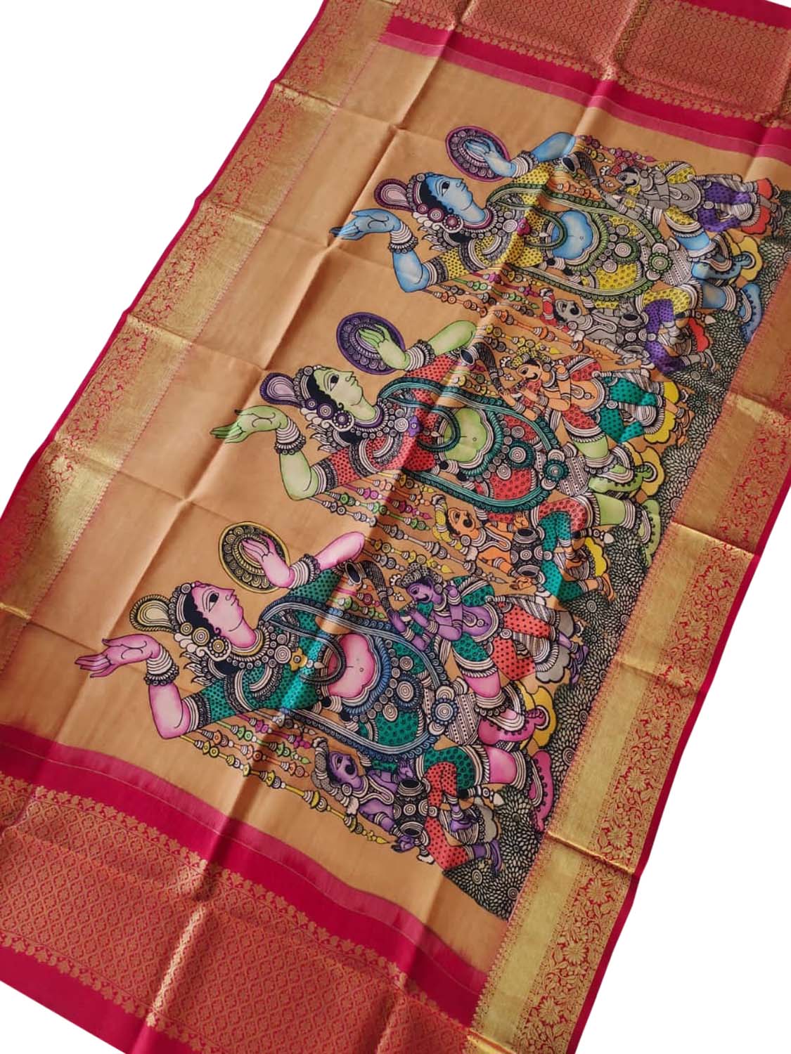 Multicolor Pen Kalamkari Pure Silk Dupatta With Kanjeevaram Border - Luxurion World