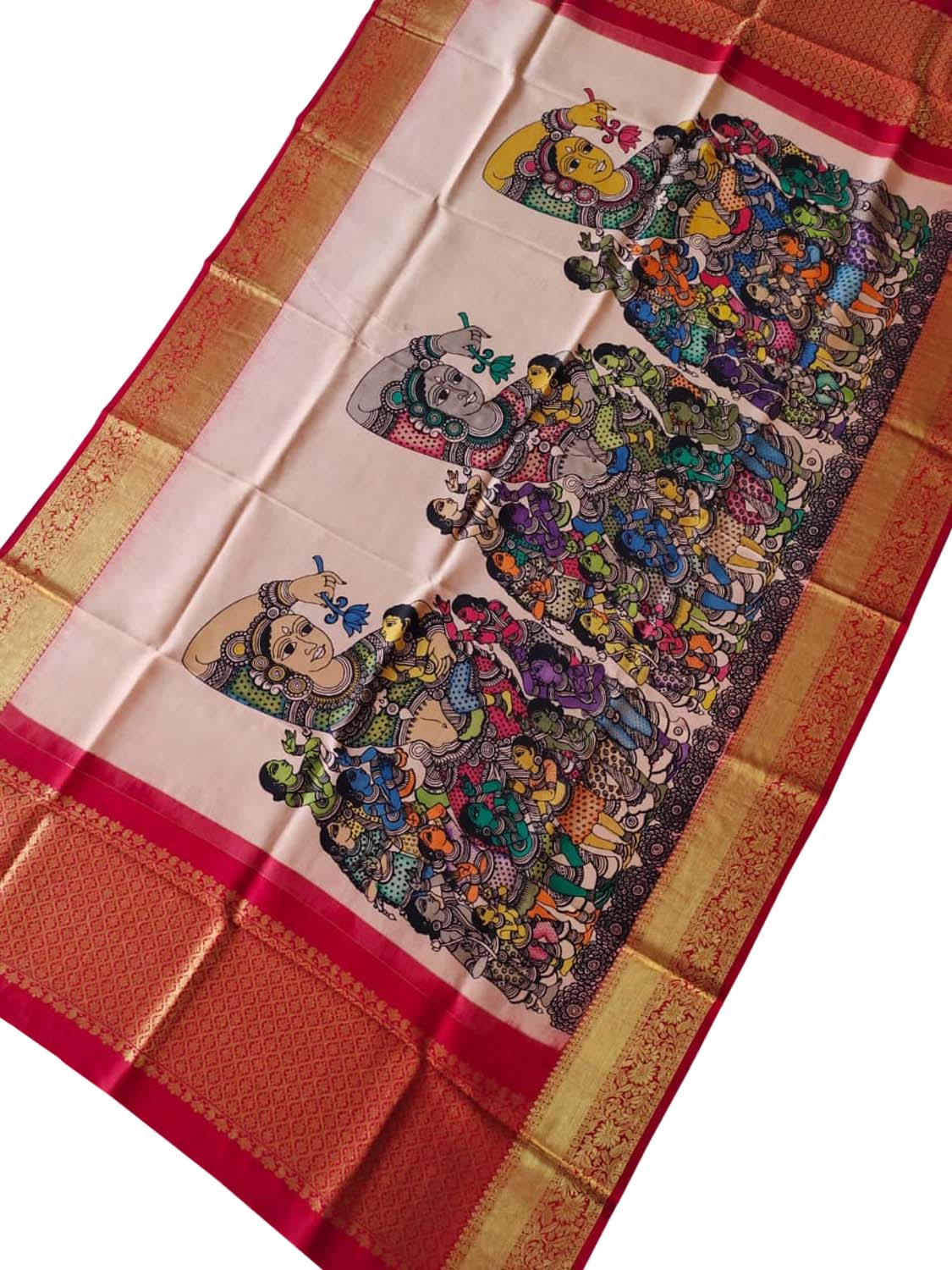 Multicolor Pen Kalamkari Pure Silk Dupatta With Kanjeevaram Border - Luxurion World