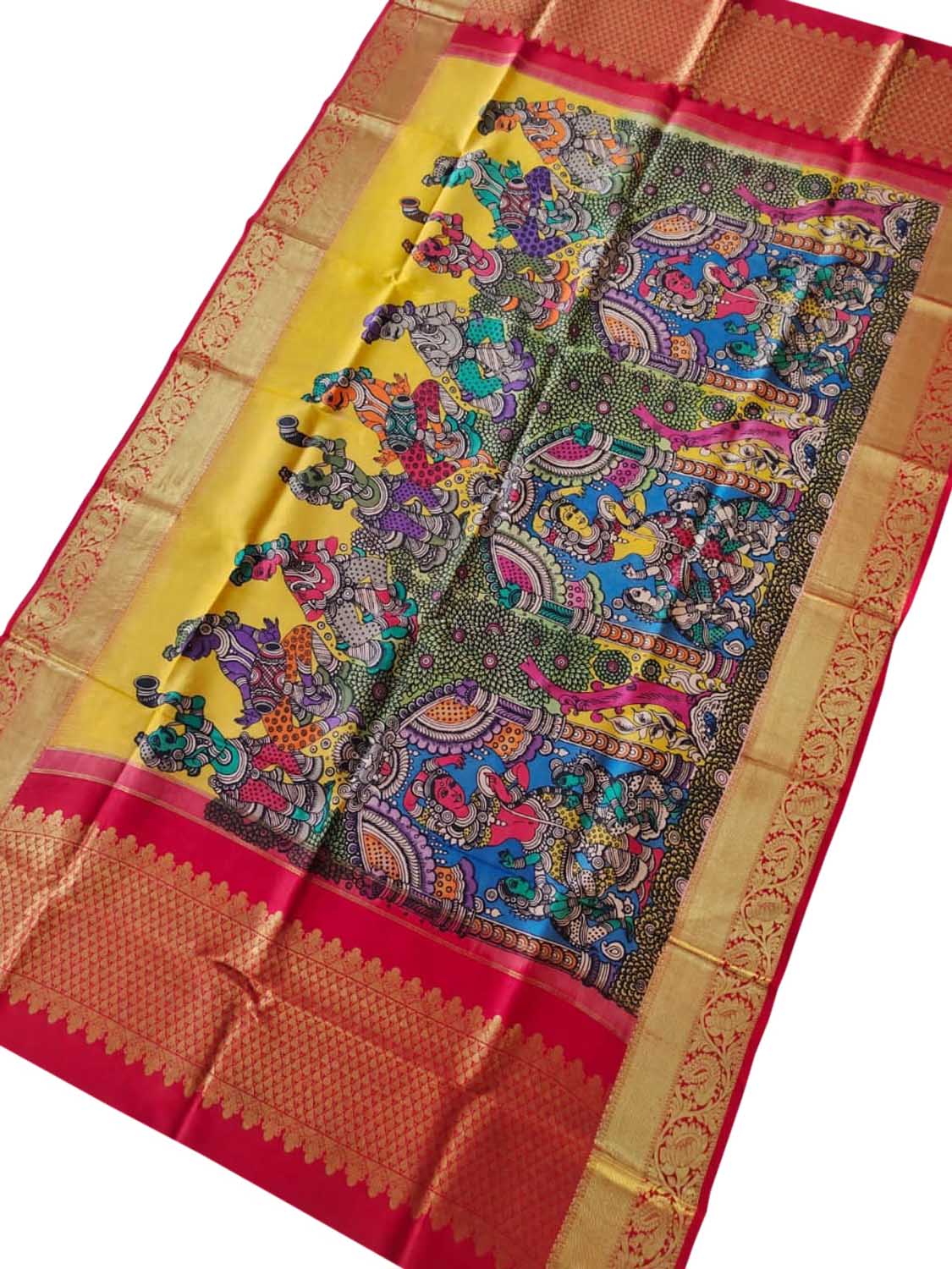 Multicolor Pen Kalamkari Pure Silk Dupatta With Kanjeevaram Border - Luxurion World