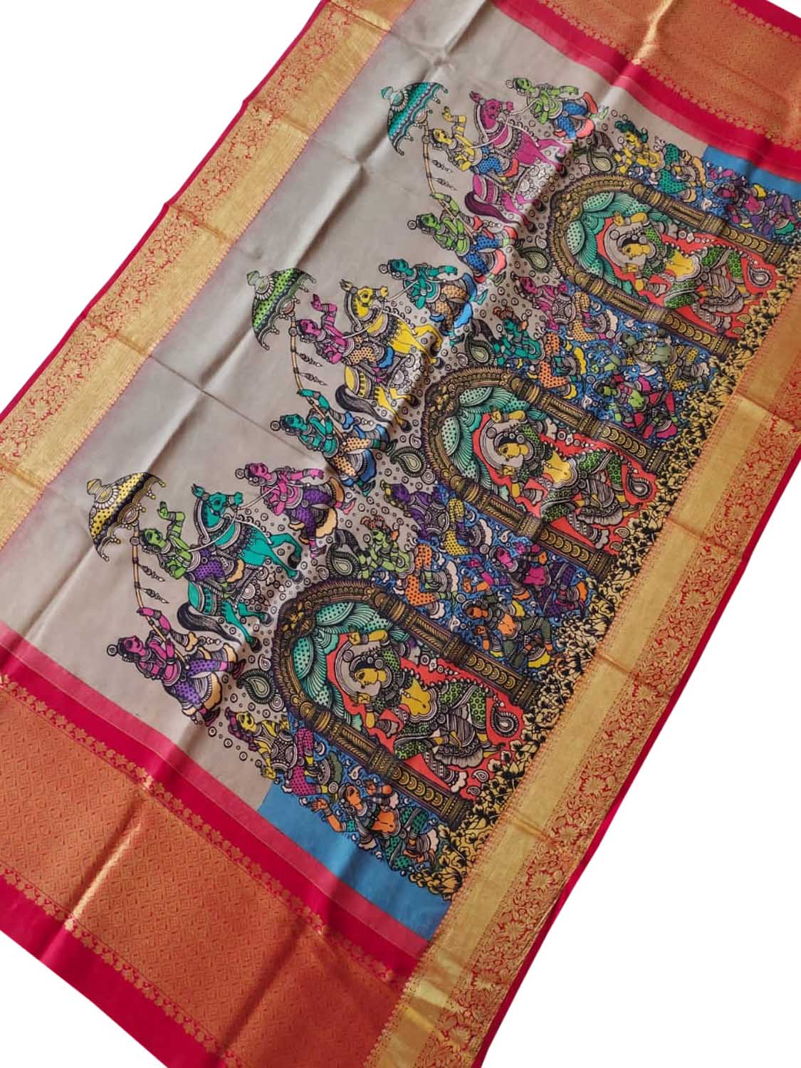Multicolor Pen Kalamkari Pure Silk Dupatta With Kanjeevaram Border - Luxurion World