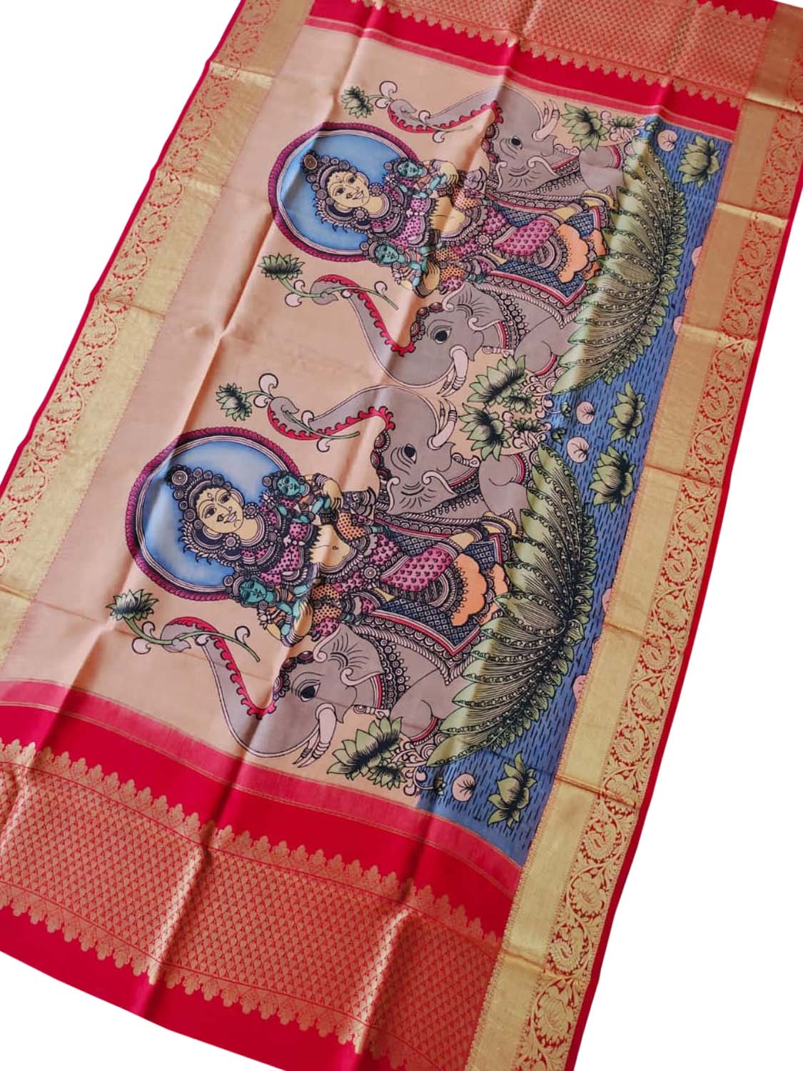 Multicolor Pen Kalamkari Pure Silk Dupatta With Kanjeevaram Border - Luxurion World