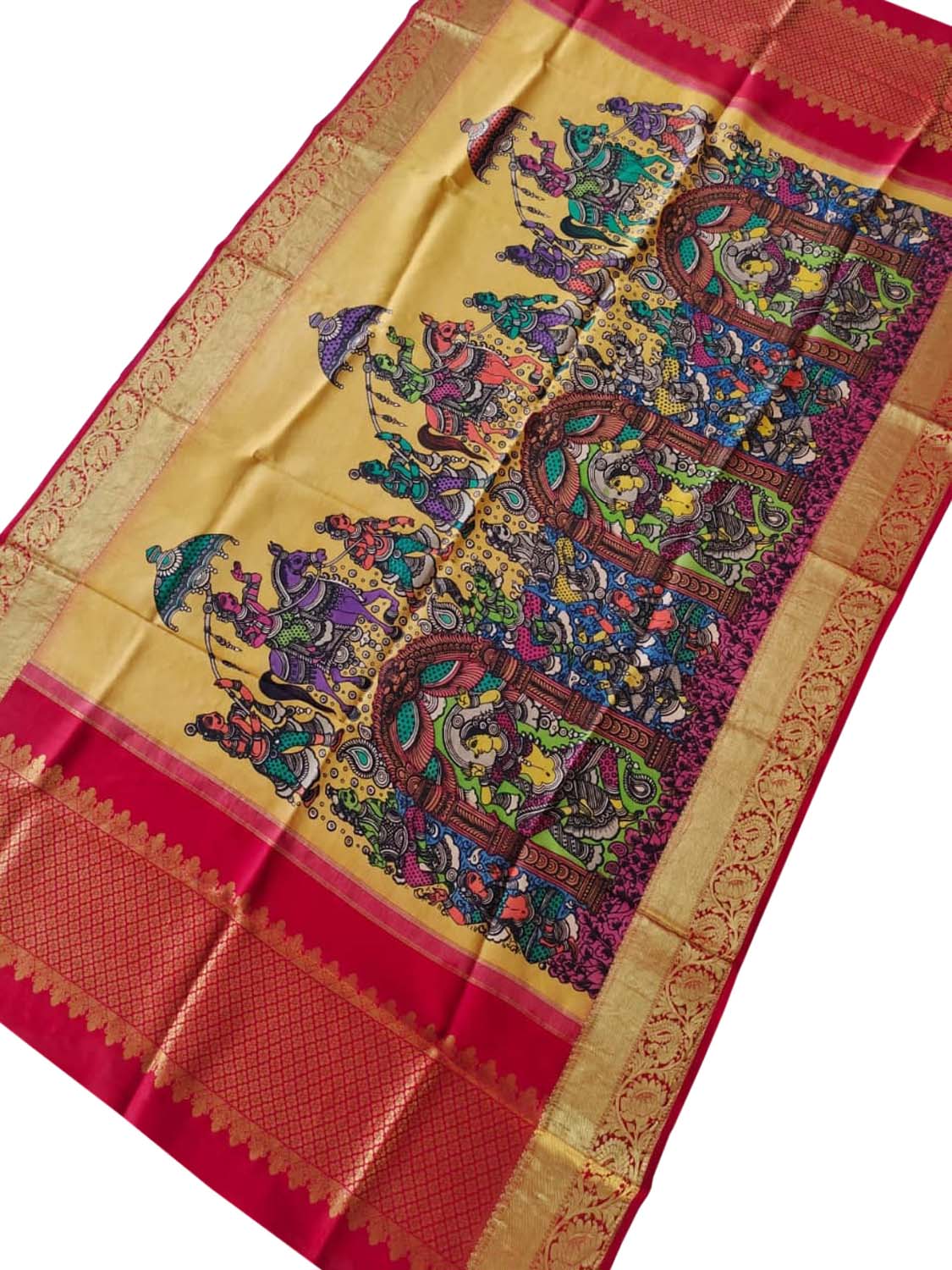 Multicolor Pen Kalamkari Pure Silk Dupatta With Kanjeevaram Border - Luxurion World
