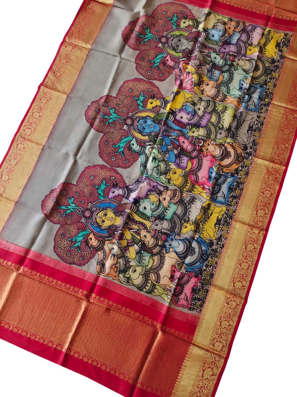Multicolor Pen Kalamkari Pure Silk Dupatta With Kanjeevaram Border - Luxurion World