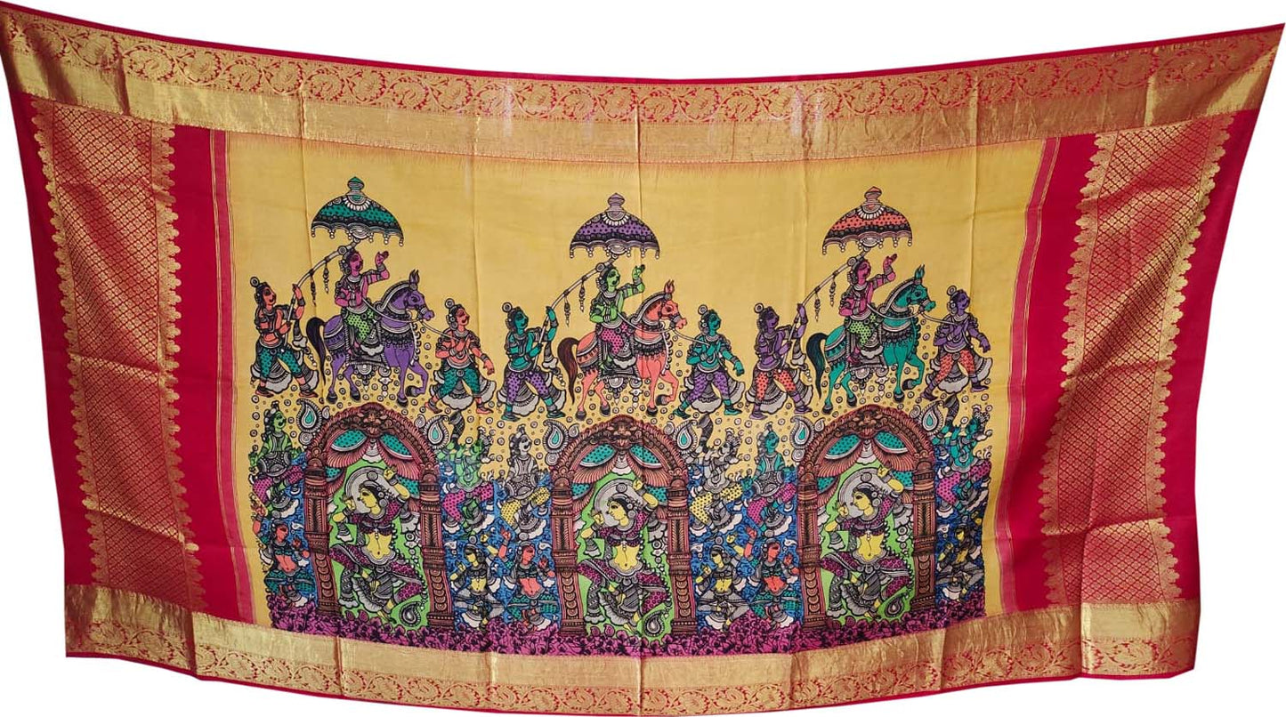 Multicolor Pen Kalamkari Pure Silk Dupatta With Kanjeevaram Border - Luxurion World