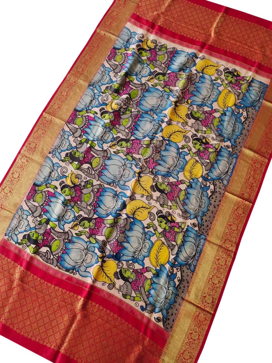 Multicolor Pen Kalamkari Pure Silk Dupatta With Kanjeevaram Border - Luxurion World