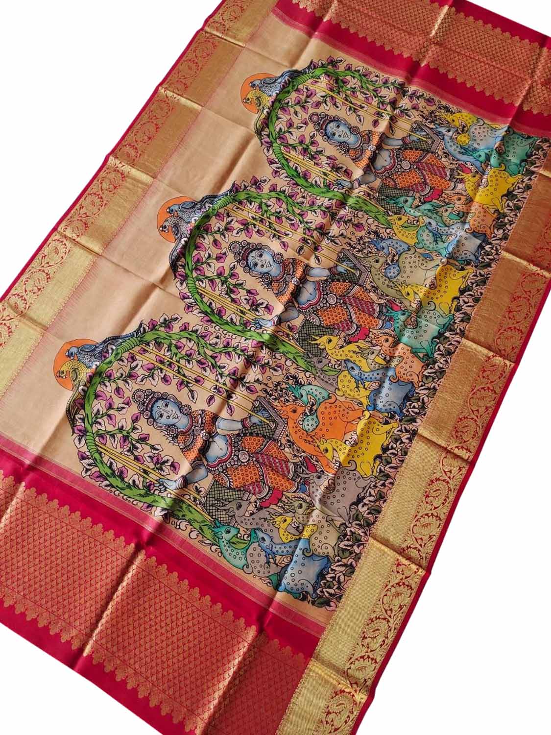 Multicolor Pen Kalamkari Pure Silk Dupatta With Kanjeevaram Border - Luxurion World