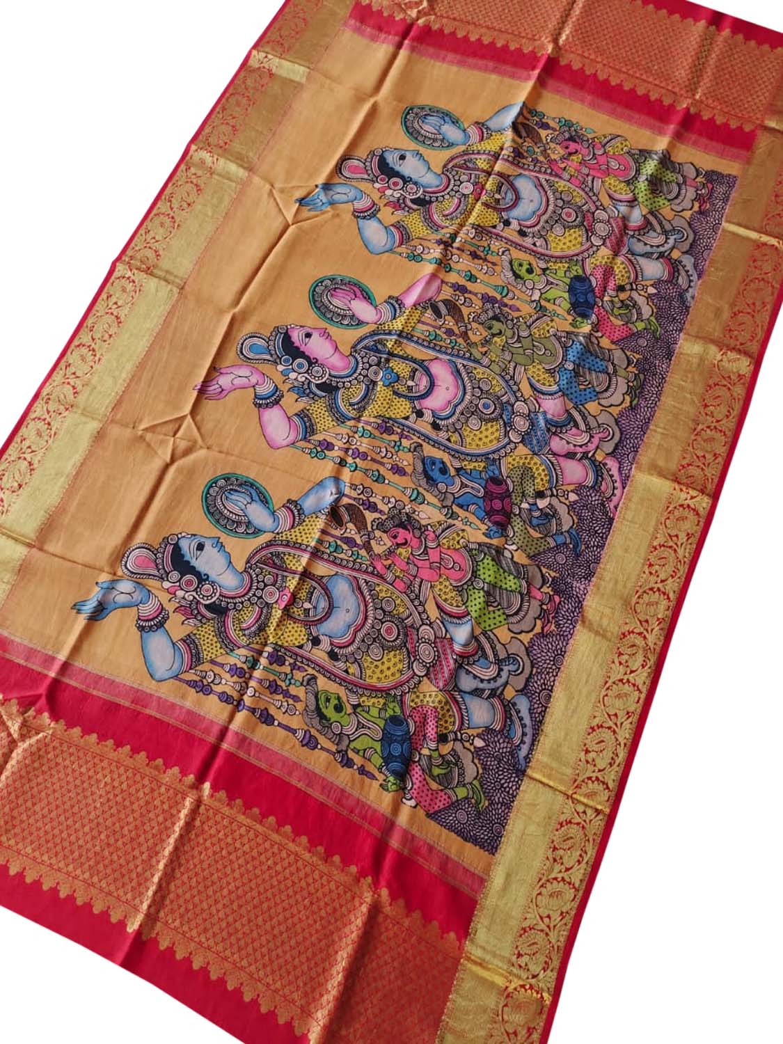 Multicolor Pen Kalamkari Pure Silk Dupatta With Kanjeevaram Border - Luxurion World