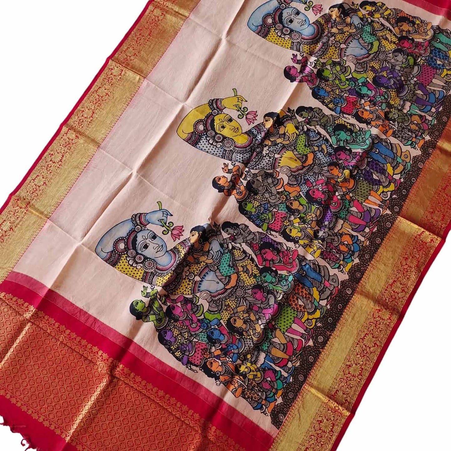 Kalamkari Silk Dupatta with Kanjeevaram Border - Multicolor Pen Design - Luxurion World