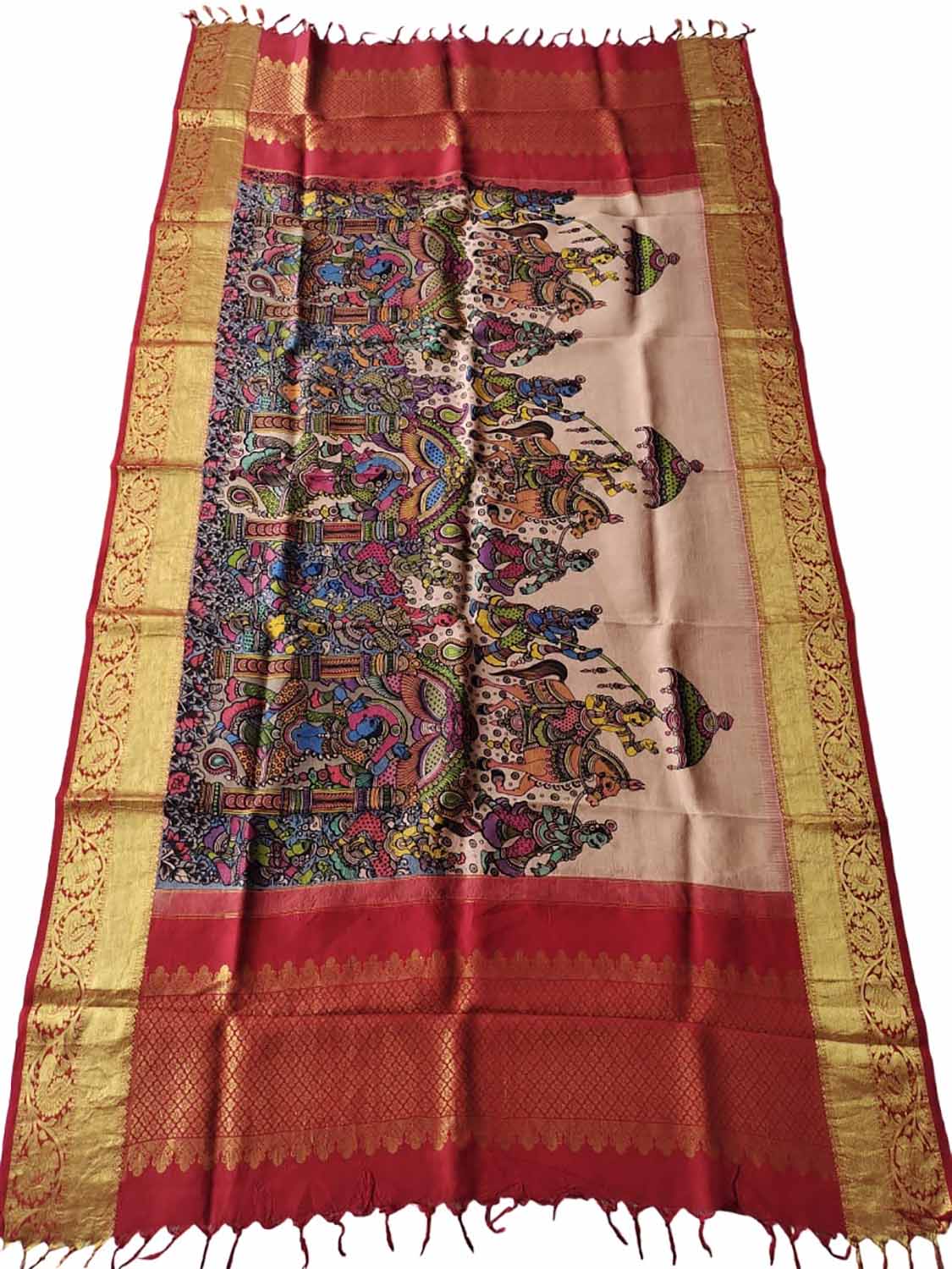 Kalamkari Silk Dupatta with Kanjeevaram Border - Multicolor Pen Design - Luxurion World