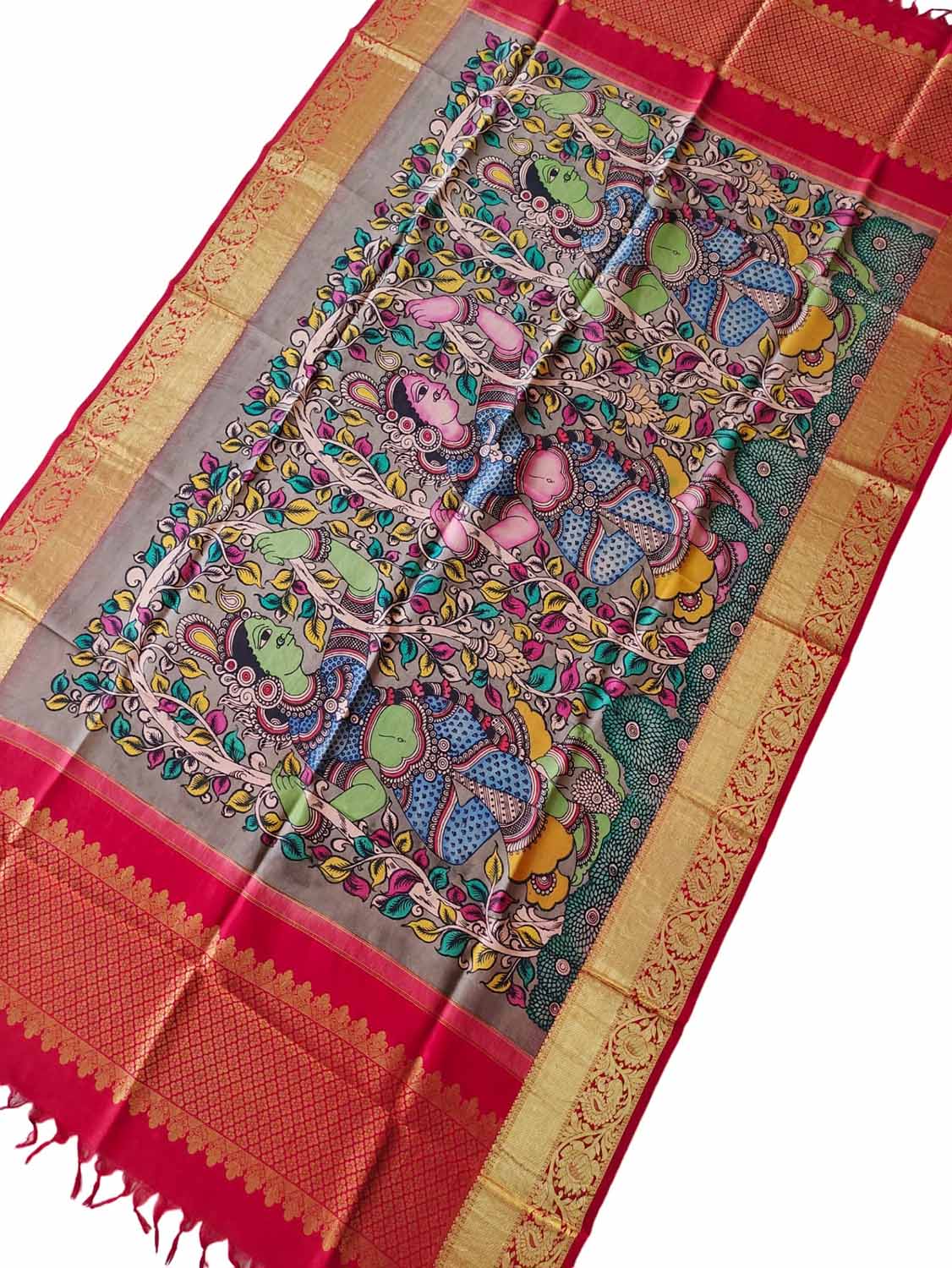 Kalamkari Silk Dupatta with Kanjeevaram Border - Multicolor Pen Design - Luxurion World