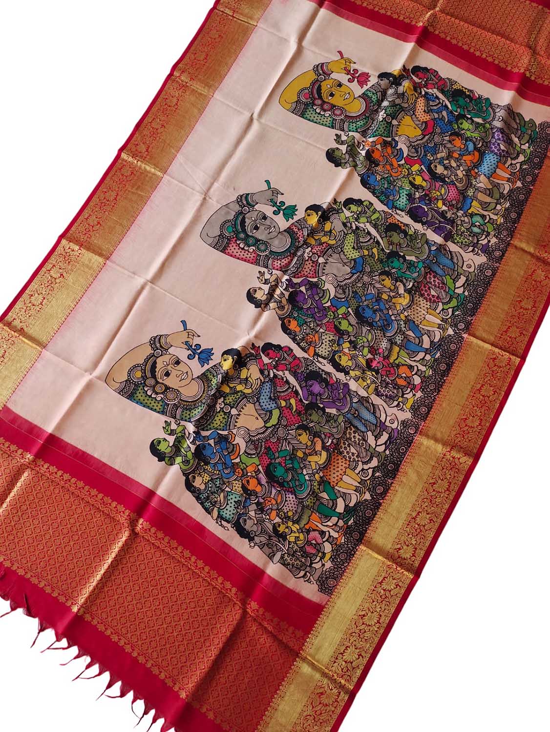 Kalamkari Silk Dupatta with Kanjeevaram Border - Multicolor Pen Design - Luxurion World