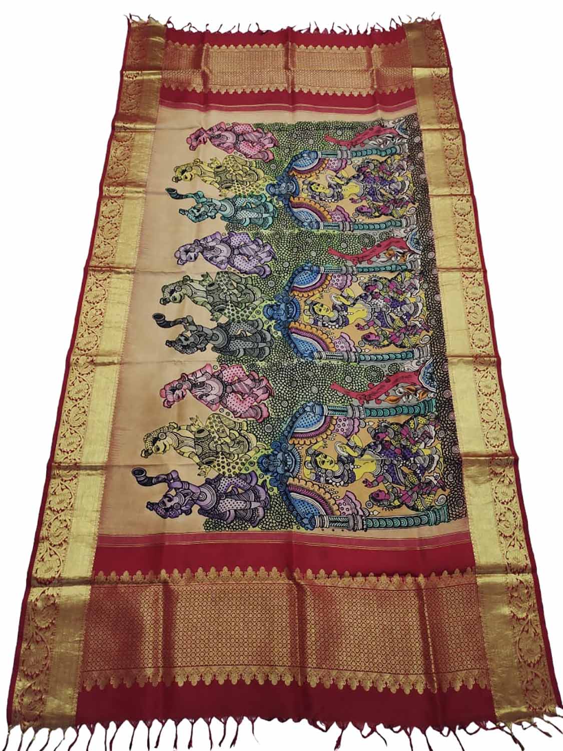 Kalamkari Silk Dupatta with Kanjeevaram Border - Multicolor Pen Design - Luxurion World