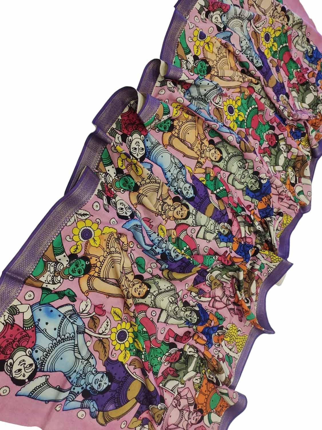 Multicolor Kalamkari Hand Painted Mangalgiri Cotton Dupatta - Luxurion World