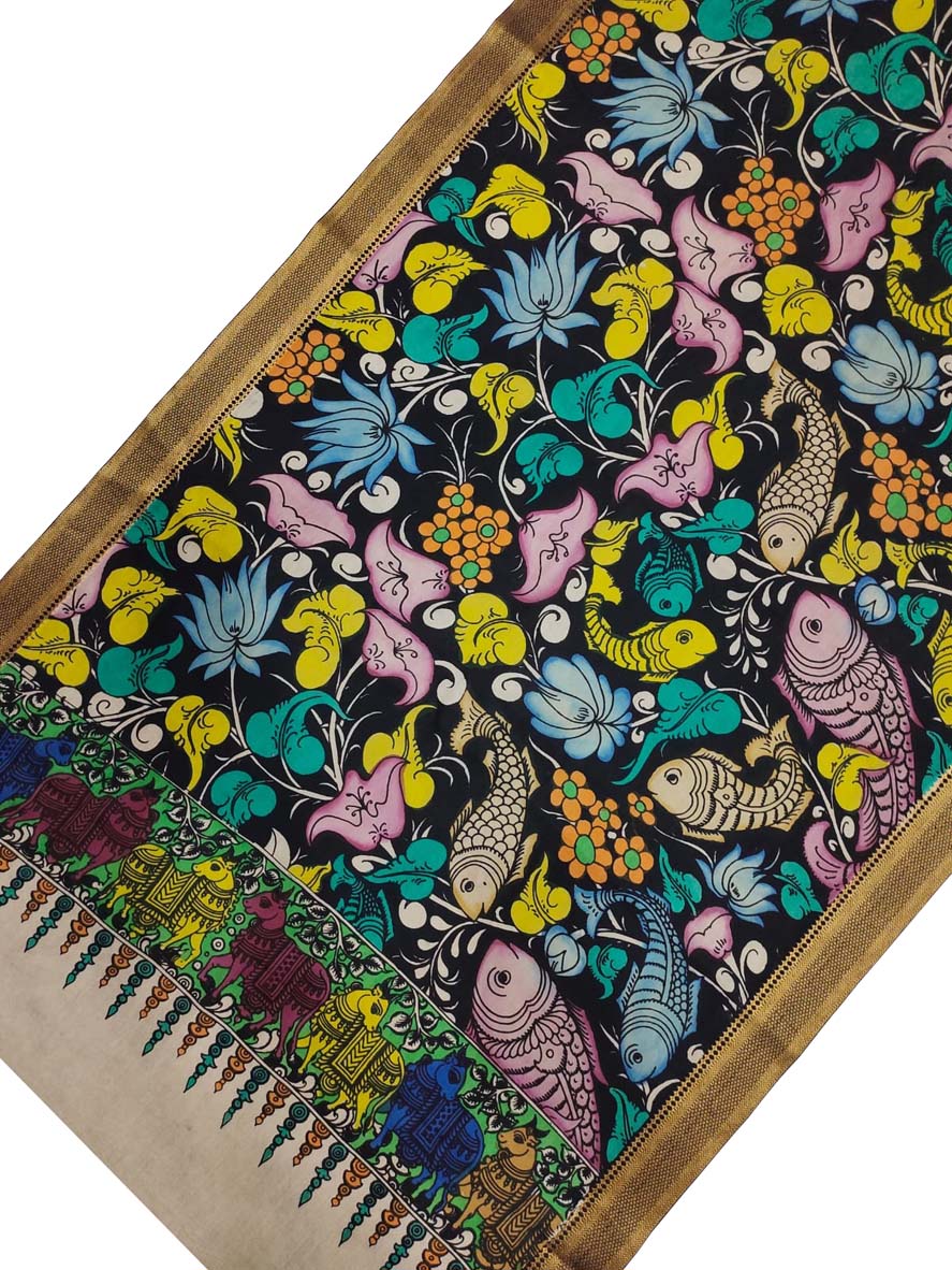 Black Kalamkari Hand Painted Pure Bangalore Silk Dupatta - Luxurion World