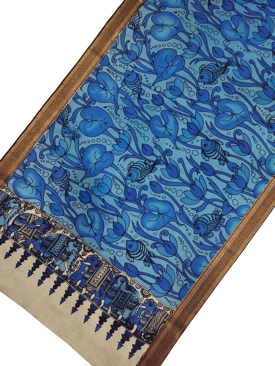 Blue Kalamkari Hand Painted Pure Bangalore Silk Dupatta - Luxurion World