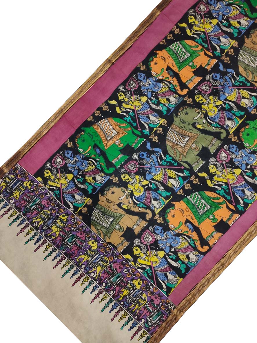 Black Kalamkari Hand Painted Pure Bangalore Silk Dupatta - Luxurion World