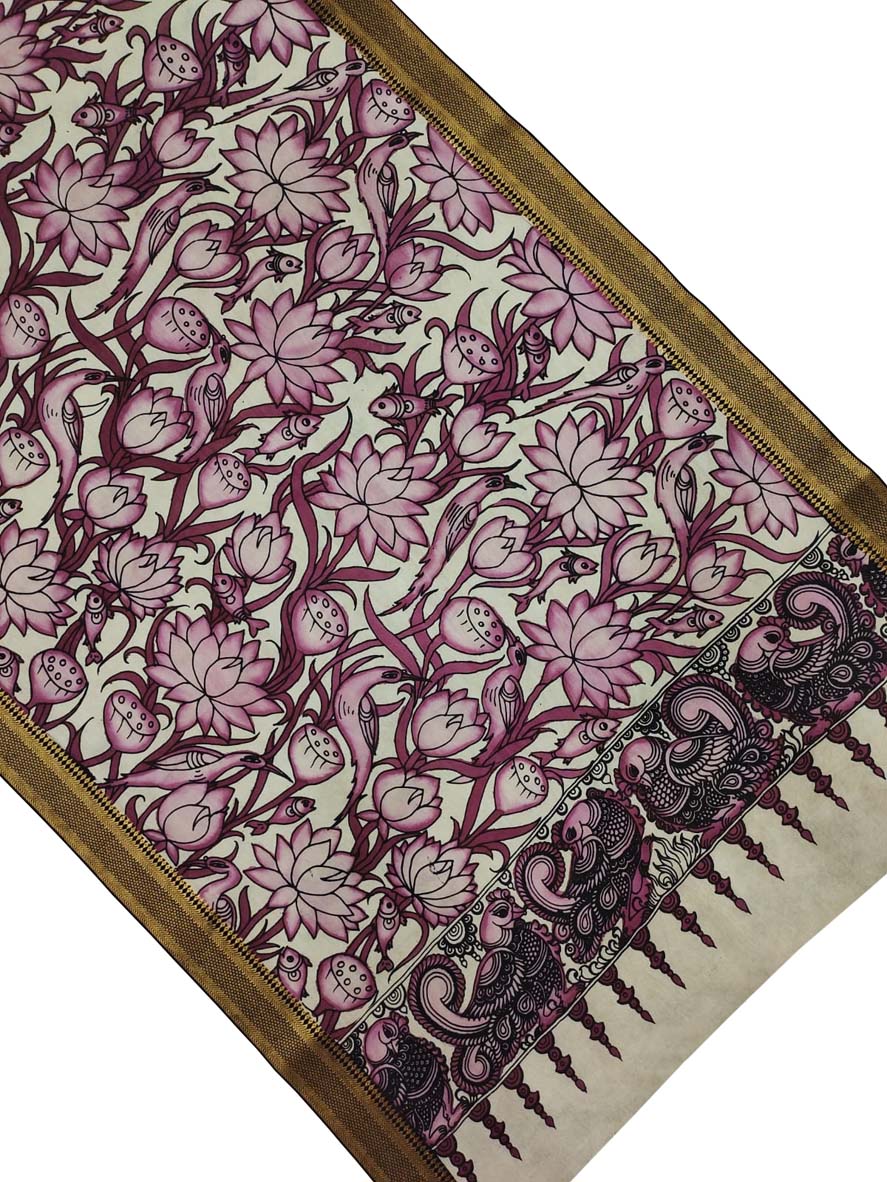 Pastel Kalamkari Hand Painted Pure Bangalore Silk Dupatta - Luxurion World