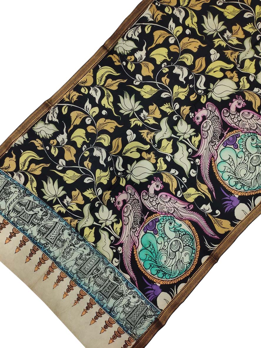 Black Kalamkari Hand Painted Pure Bangalore Silk Dupatta - Luxurion World
