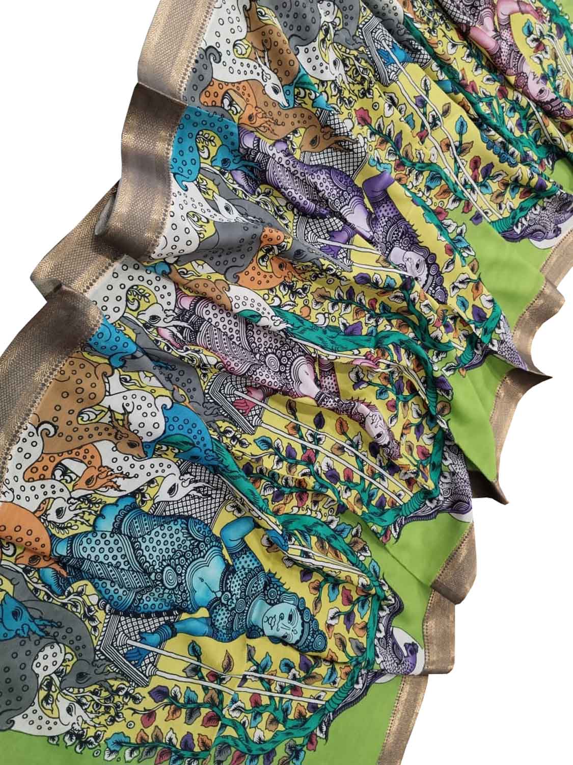 Multicolor Kalamkari Hand Painted Pure Bangalore Silk Dupatta - Luxurion World