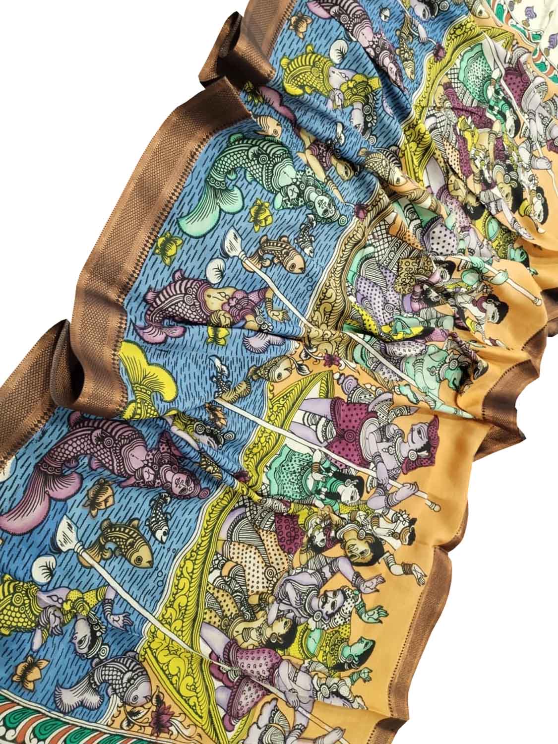 Multicolor Kalamkari Hand Painted Pure Bangalore Silk Dupatta - Luxurion World