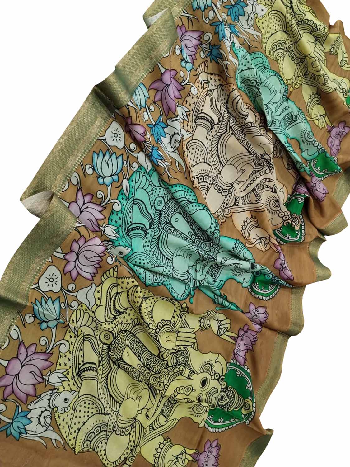 Multicolor Kalamkari Hand Painted Pure Bangalore Silk Dupatta - Luxurion World