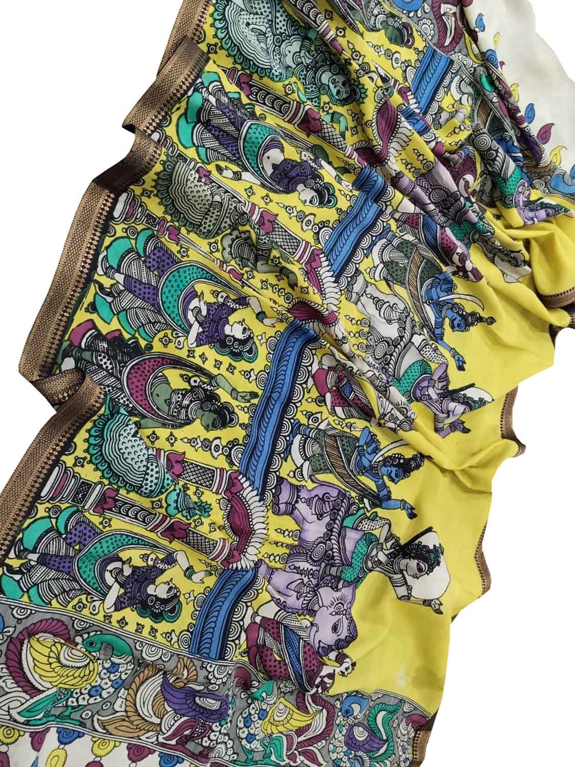 Multicolor Kalamkari Hand Painted Pure Bangalore Silk Dupatta - Luxurion World