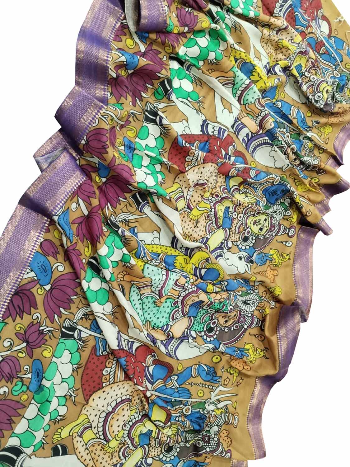 Multicolor Kalamkari Hand Painted Pure Bangalore Silk Dupatta - Luxurion World