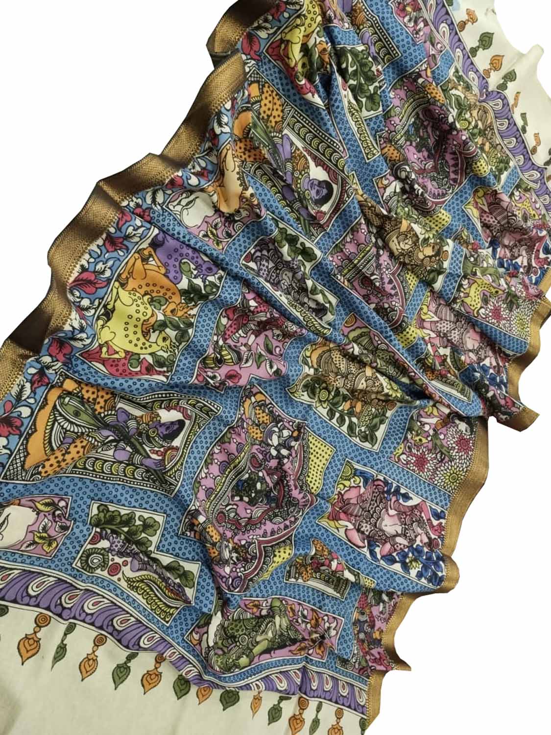 Multicolor Kalamkari Hand Painted Pure Bangalore Silk Dupatta - Luxurion World