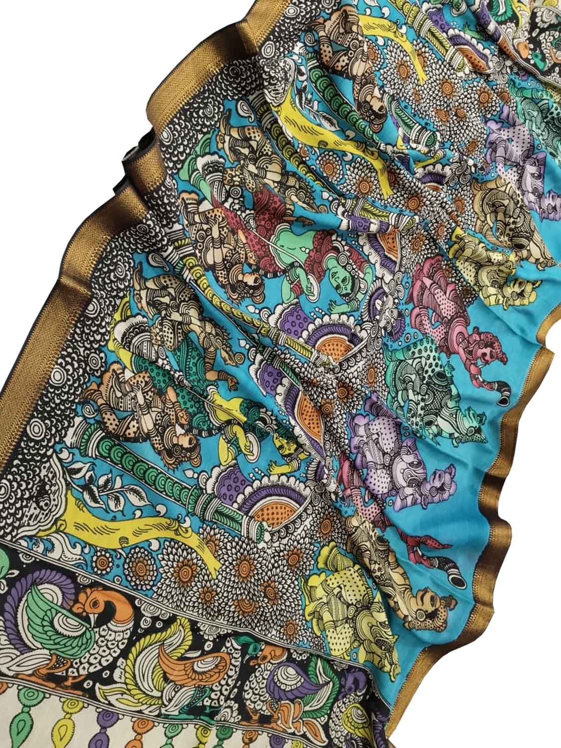 Multicolor Kalamkari Hand Painted Pure Bangalore Silk Dupatta - Luxurion World