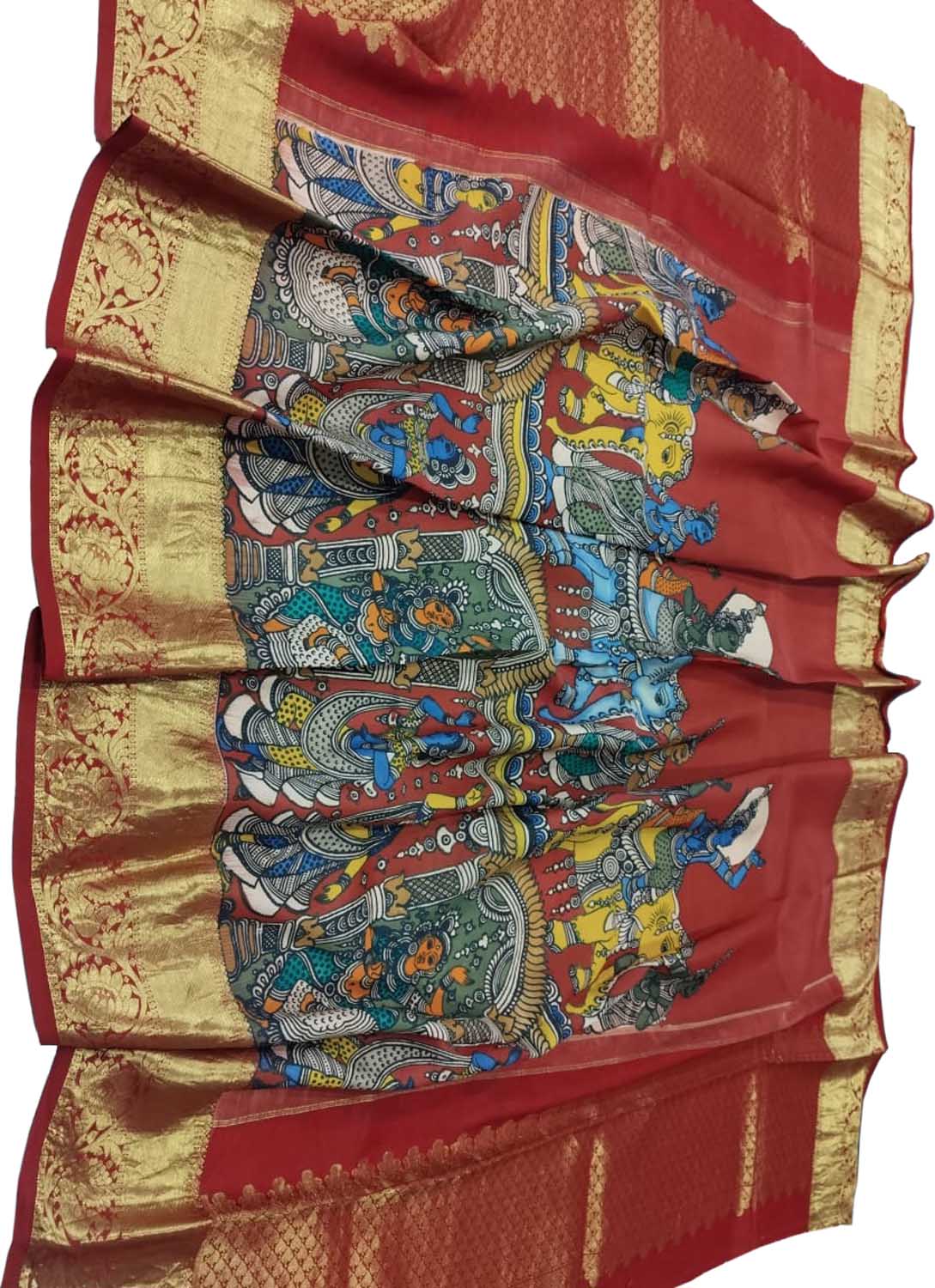 Multicolor Kalamkari Hand Painted Pure Silk Dupatta With Kanjeevaram Border - Luxurion World