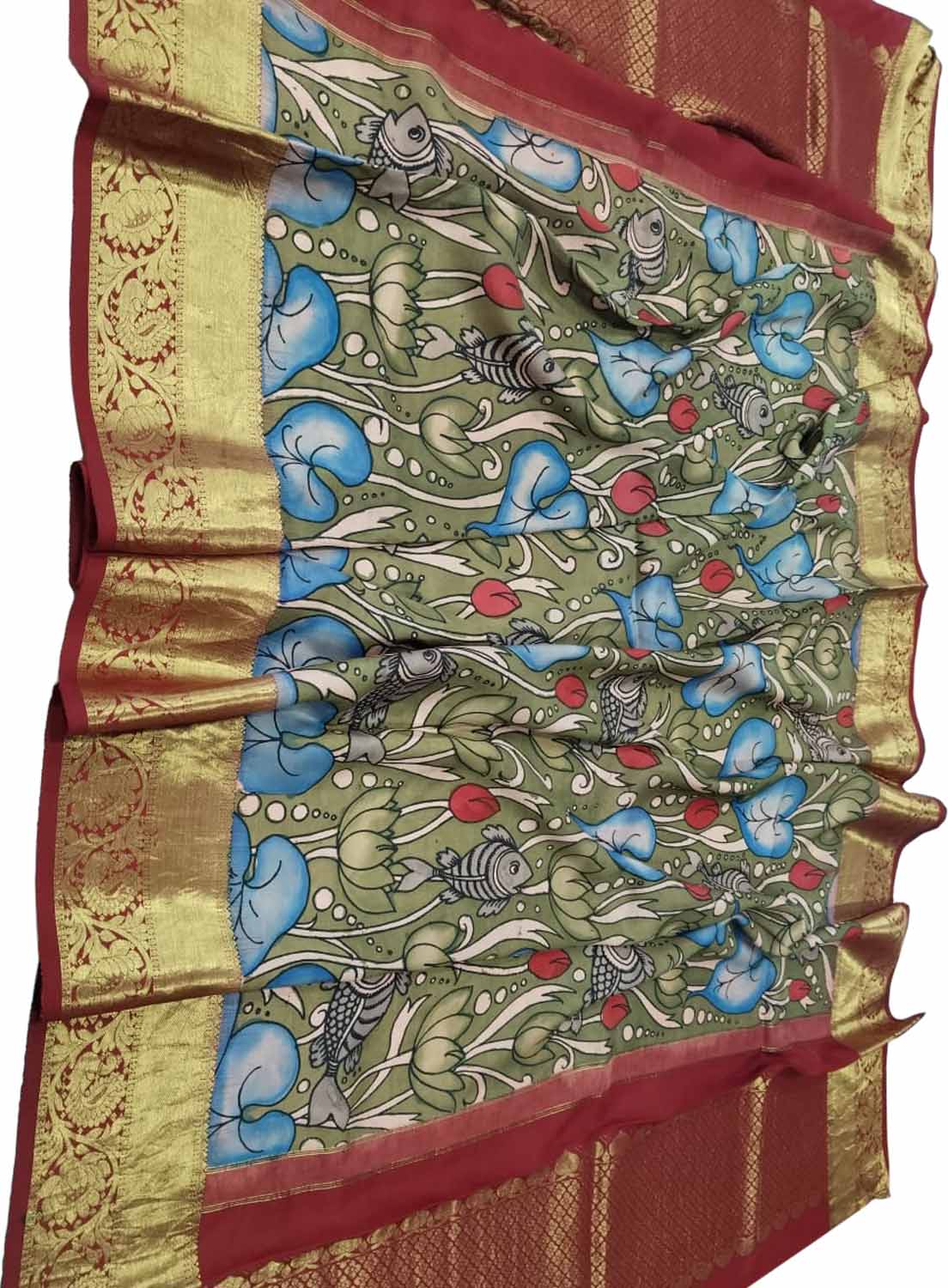 Multicolor Kalamkari Hand Painted Pure Silk Dupatta With Kanjeevaram Border - Luxurion World